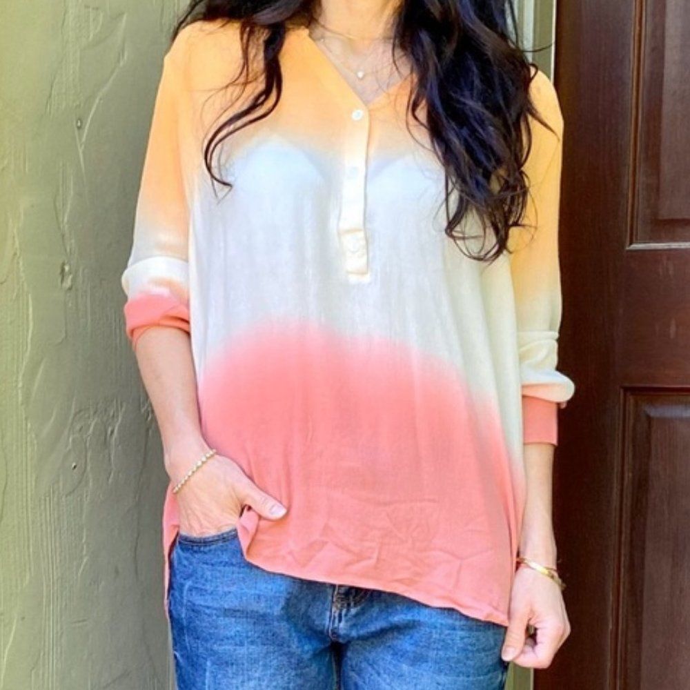 Boho V-Neck Tunic Ombre` Button Front Dip Dye Top NEW - Picture 5 of 12
